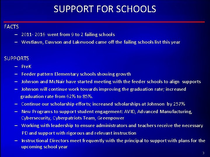 SUPPORT FOR SCHOOLS FACTS – 2011 - 2016 went from 9 to 2 failing