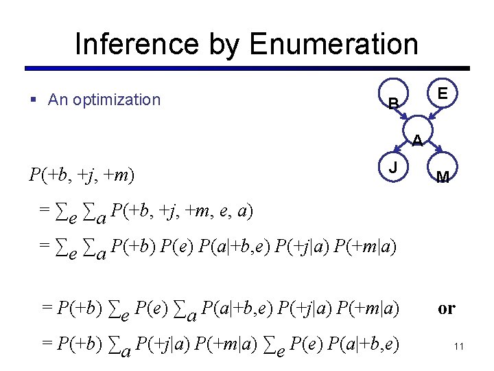 Inference by Enumeration § An optimization E B A P(+b, +j, +m) J M