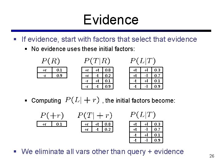 Evidence § If evidence, start with factors that select that evidence § No evidence