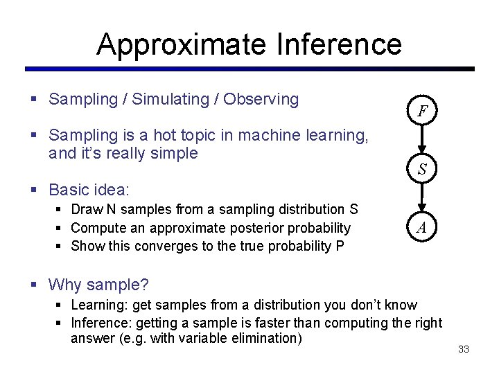 Approximate Inference § Sampling / Simulating / Observing § Sampling is a hot topic