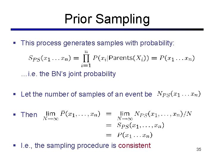 Prior Sampling § This process generates samples with probability: …i. e. the BN’s joint