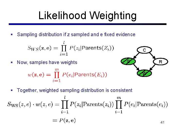 Likelihood Weighting § Sampling distribution if z sampled and e fixed evidence Cloudy C