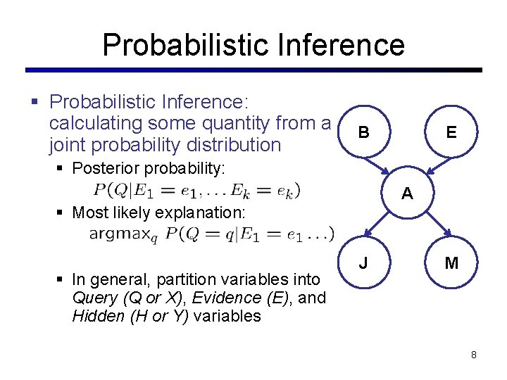 Probabilistic Inference § Probabilistic Inference: calculating some quantity from a joint probability distribution B