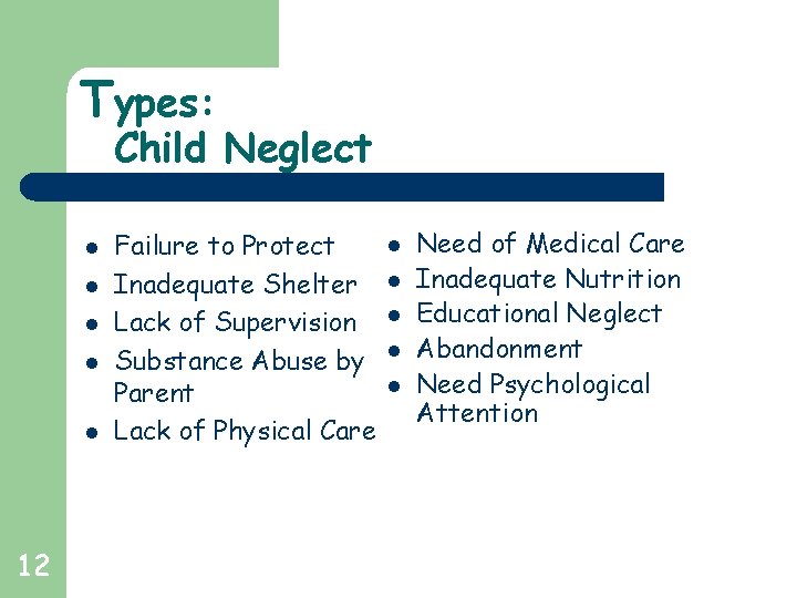 Types: Child Neglect l l l 12 Failure to Protect Inadequate Shelter Lack of