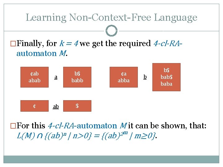 Learning Non-Context-Free Language �Finally, for k = 4 we get the required 4 -cl-RA-