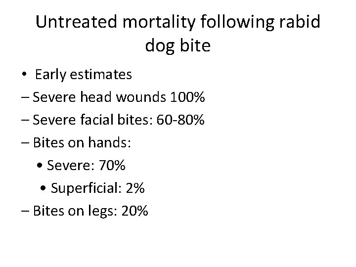 Untreated mortality following rabid dog bite • Early estimates – Severe head wounds 100%