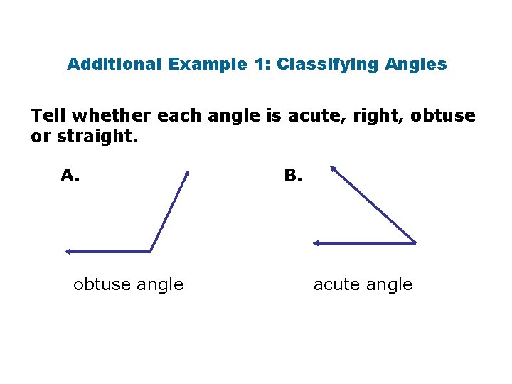Additional Example 1: Classifying Angles Tell whether each angle is acute, right, obtuse or