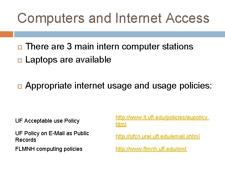 Computers and Internet Access There are 3 main intern computer stations Laptops are available