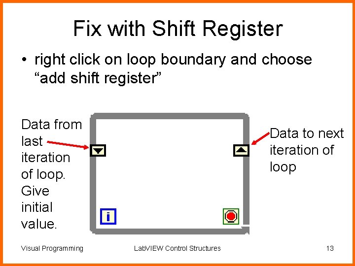 Fix with Shift Register • right click on loop boundary and choose “add shift