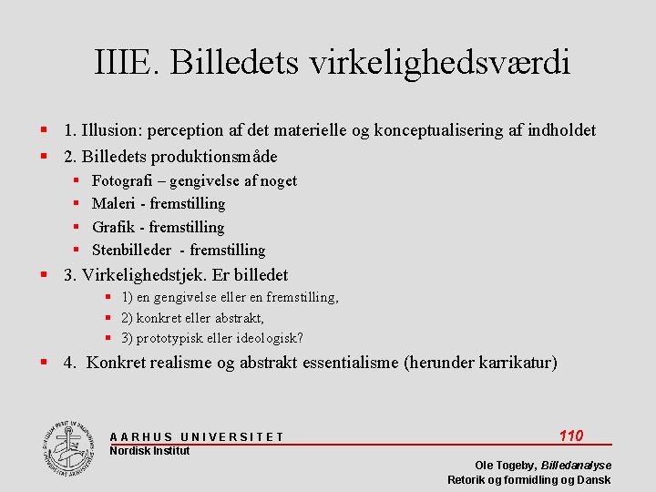 IIIE. Billedets virkelighedsværdi 1. Illusion: perception af det materielle og konceptualisering af indholdet 2.