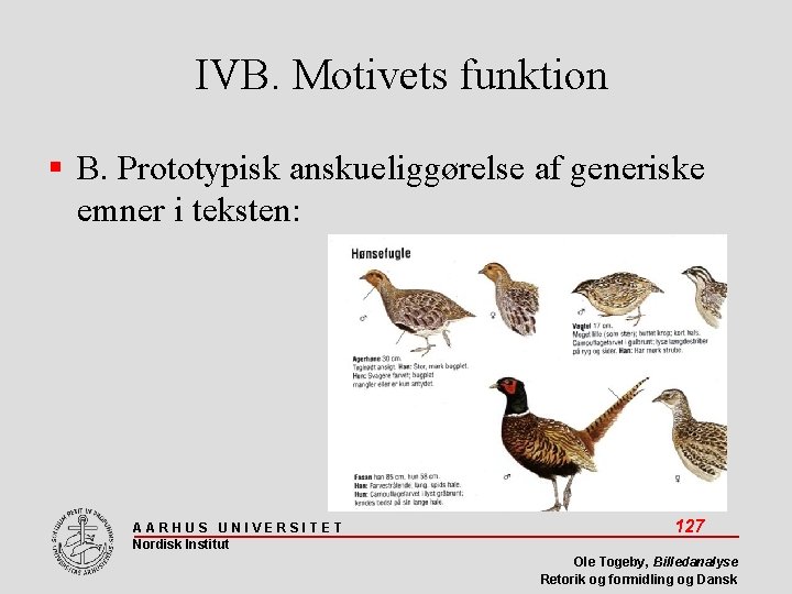 IVB. Motivets funktion B. Prototypisk anskueliggørelse af generiske emner i teksten: AARHUS UNIVERSITET Nordisk