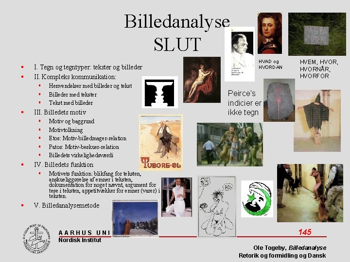 Billedanalyse SLUT I. Tegn og tegntyper: tekster og billeder II. Kompleks kommunikation: III. Billedets