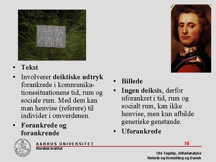  • Tekst • Involverer deiktiske udtryk forankrede i kommunikationssituationens tid, rum og sociale