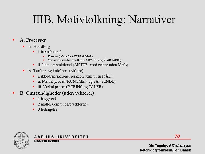 IIIB. Motivtolkning: Narrativer A. Processer a. Handling i. transaktionel Ensrettet (vektor fra AKTØR til