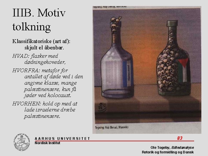 IIIB. Motiv tolkning Klassifikatoriske (art af): skjult el åbenbar. HVAD: flasker med dødningehoveder, HVORFRA: