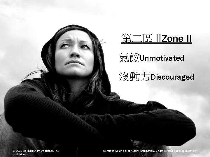 第二區 IIZone II 氣餒Unmotivated 沒動力Discouraged © 2009 dōTERRA International, Inc. prohibited. Confidential and proprietary