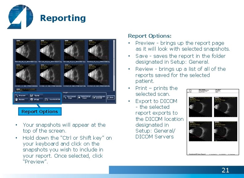 Reporting Report Options • • Your snapshots will appear at the top of the