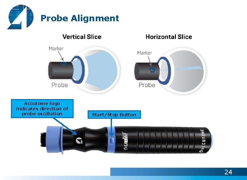 Probe Alignment Accutome logo indicates direction of probe oscillation Start/Stop Button 24 