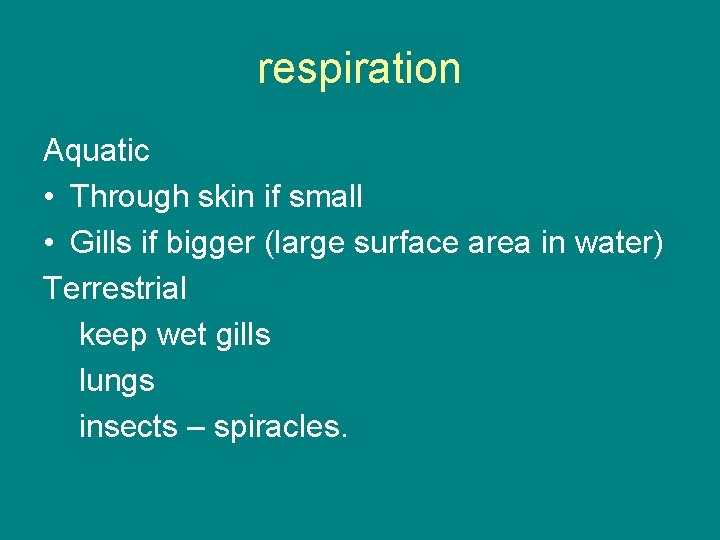 respiration Aquatic • Through skin if small • Gills if bigger (large surface area