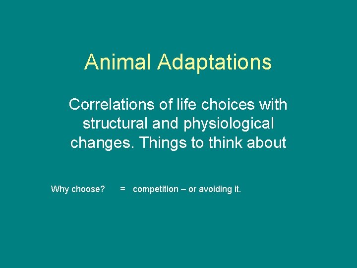 Animal Adaptations Correlations of life choices with structural and physiological changes. Things to think