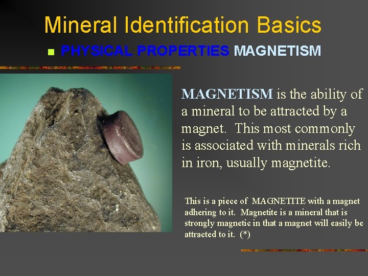 Mineral Identification Basics n PHYSICAL PROPERTIES MAGNETISM is the ability of a mineral to