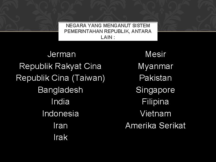 NEGARA YANG MENGANUT SISTEM PEMERINTAHAN REPUBLIK, ANTARA LAIN : Jerman Republik Rakyat Cina Republik