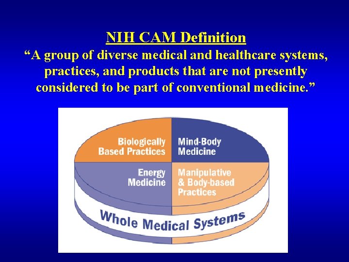 NIH CAM Definition “A group of diverse medical and healthcare systems, practices, and products