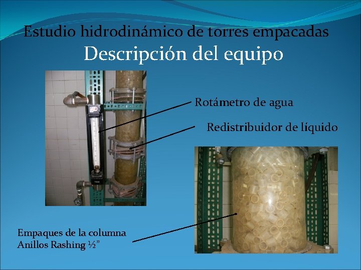 Estudio hidrodinámico de torres empacadas Descripción del equipo Rotámetro de agua Redistribuidor de líquido