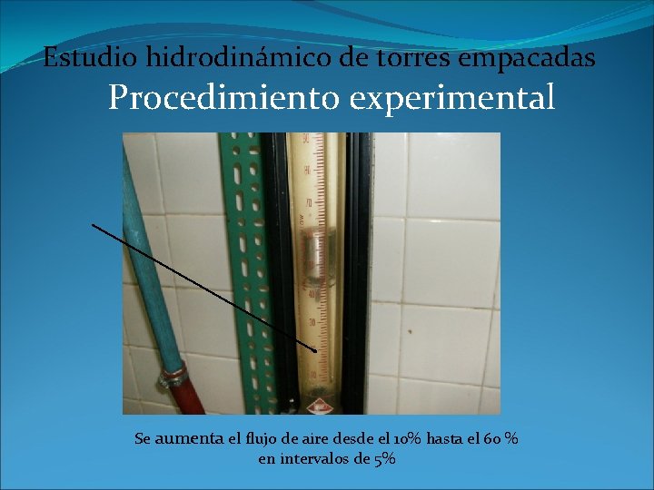 Estudio hidrodinámico de torres empacadas Procedimiento experimental Se aumenta el flujo de aire desde