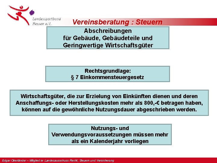 Vereinsberatung : Steuern Abschreibungen für Gebäude, Gebäudeteile und Geringwertige Wirtschaftsgüter Rechtsgrundlage: § 7 Einkommensteuergesetz