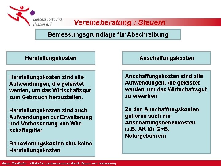 Vereinsberatung : Steuern Bemessungsgrundlage für Abschreibung Herstellungskosten Anschaffungskosten Herstellungskosten sind alle Aufwendungen, die geleistet