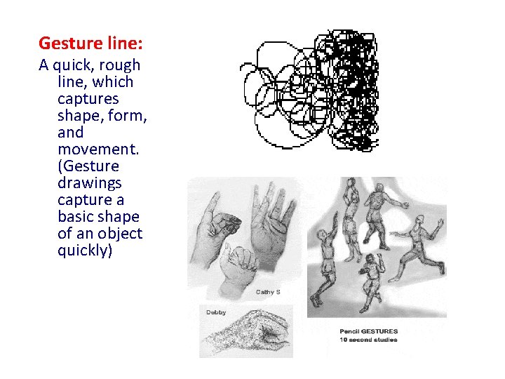 Gesture line: A quick, rough line, which captures shape, form, and movement. (Gesture drawings