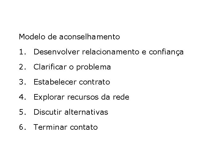 Modelo de aconselhamento 1. Desenvolver relacionamento e confiança 2. Clarificar o problema 3. Estabelecer