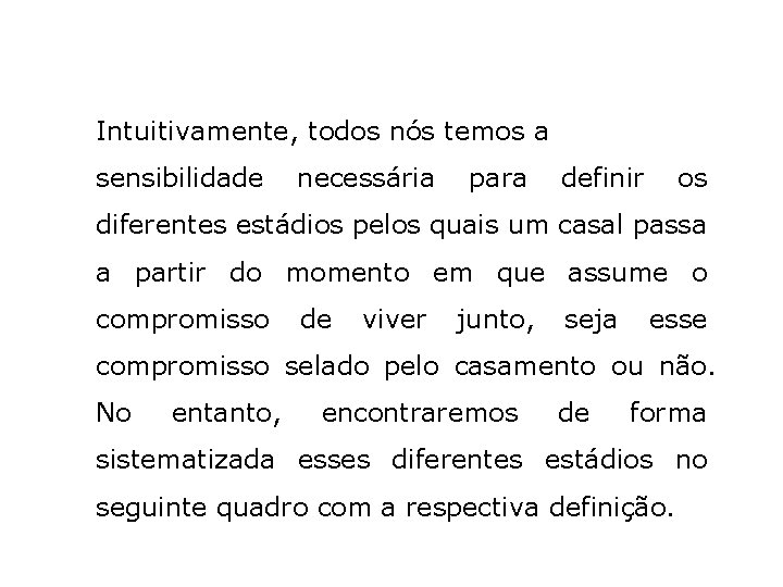 Intuitivamente, todos nós temos a sensibilidade necessária para definir os diferentes estádios pelos quais