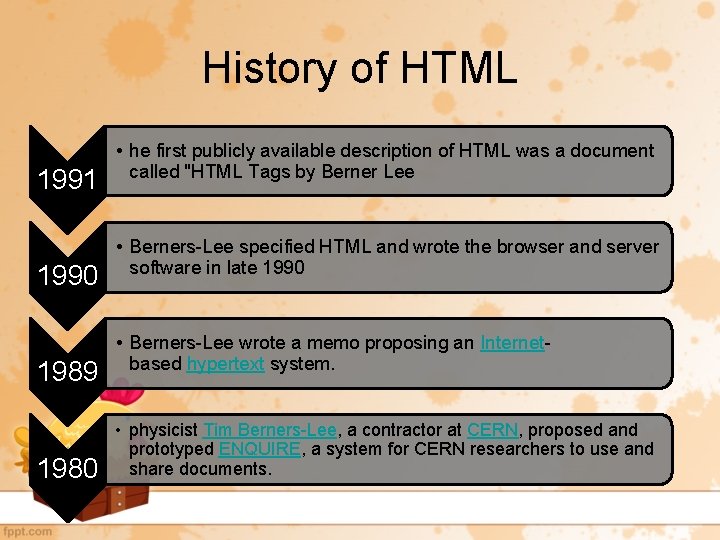History of HTML 1991 1990 1989 1980 • he first publicly available description of
