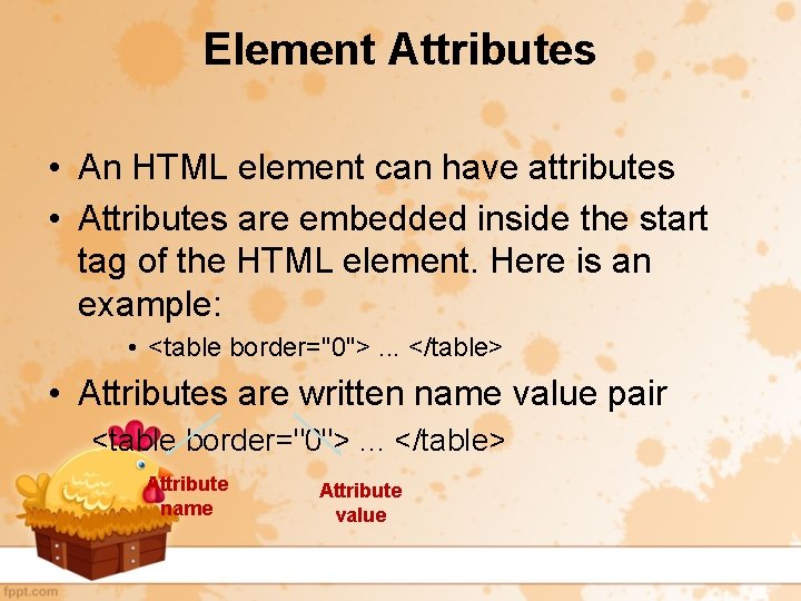 Element Attributes • An HTML element can have attributes • Attributes are embedded inside