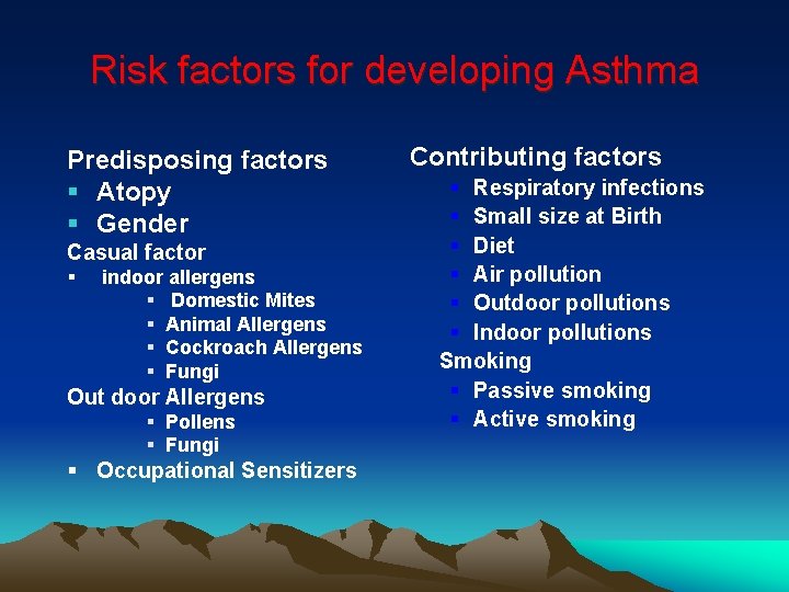 Risk factors for developing Asthma Predisposing factors § Atopy § Gender Casual factor §