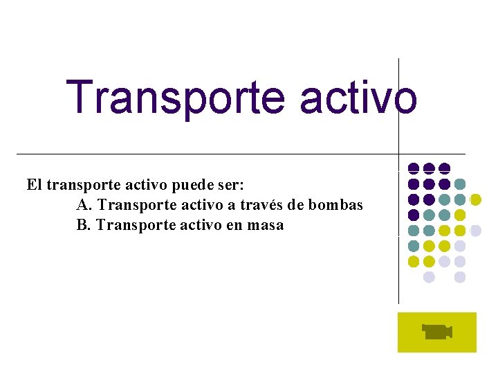 Transporte activo El transporte activo puede ser: A. Transporte activo a través de bombas