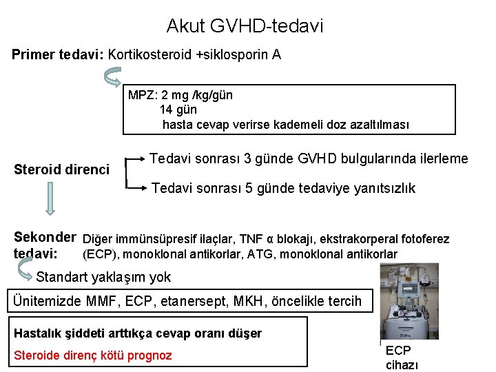 Akut GVHD-tedavi Primer tedavi: Kortikosteroid +siklosporin A MPZ: 2 mg /kg/gün 14 gün hasta