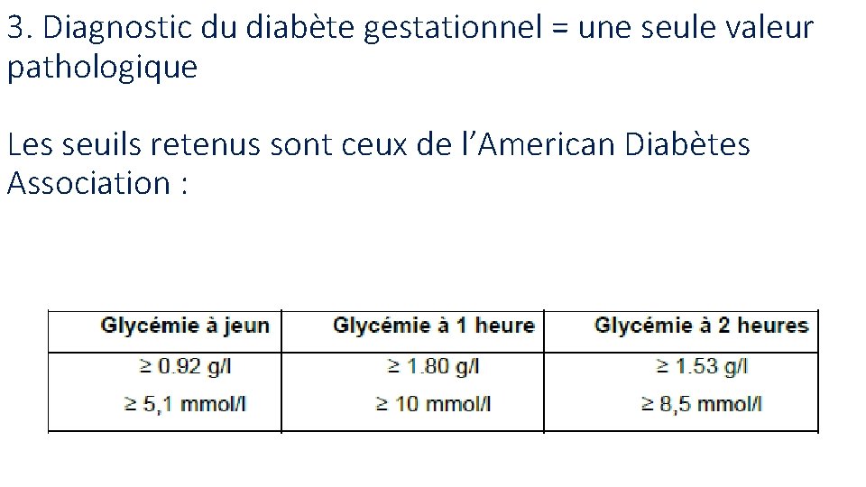 3. Diagnostic du diabète gestationnel = une seule valeur pathologique Les seuils retenus sont