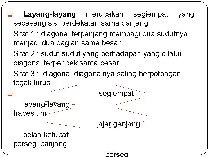 Layang-layang merupakan segiempat yang sepasang sisi berdekatan sama panjang. Sifat 1 : diagonal terpanjang