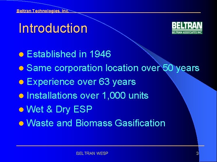 Beltran Technologies, Inc. Introduction l Established in 1946 l Same corporation location over 50
