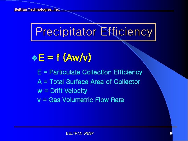 Beltran Technologies, Inc. Precipitator Efficiency v. E = f (Aw/v) E = Particulate Collection