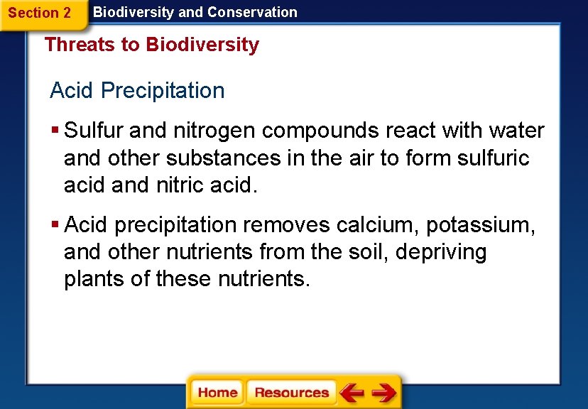 Section 2 Biodiversity and Conservation Threats to Biodiversity Acid Precipitation § Sulfur and nitrogen