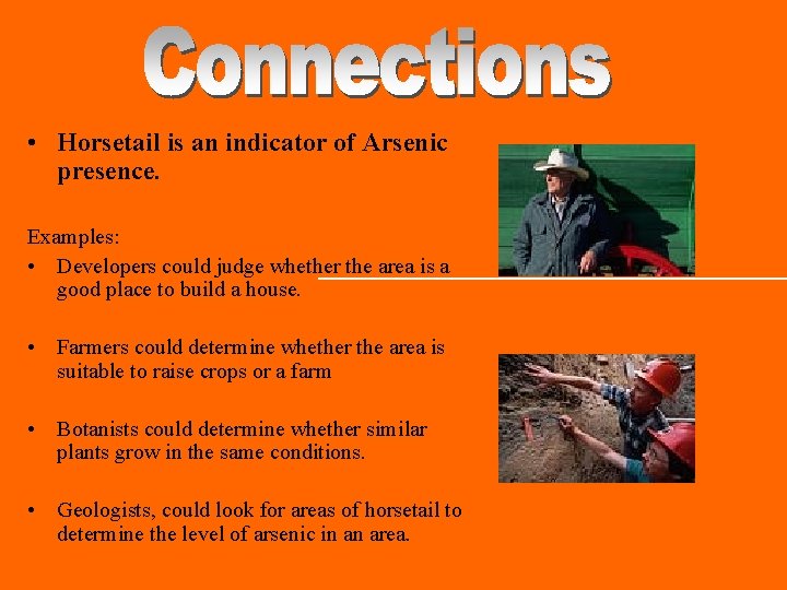  • Horsetail is an indicator of Arsenic presence. Examples: • Developers could judge