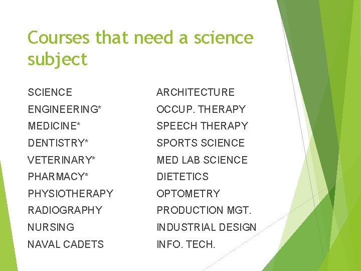 Courses that need a science subject SCIENCE ARCHITECTURE ENGINEERING* OCCUP. THERAPY MEDICINE* SPEECH THERAPY