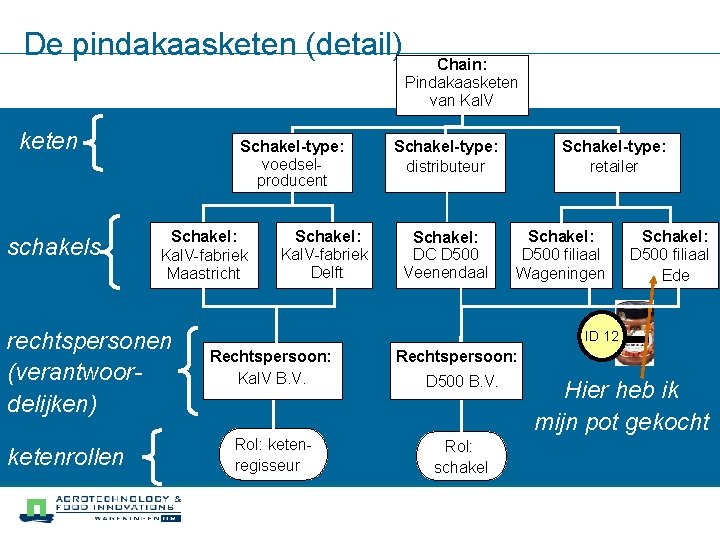 De pindakaasketen (detail) keten schakels Schakel-type: voedselproducent Schakel: Kal. V-fabriek Maastricht rechtspersonen (verantwoordelijken) ketenrollen