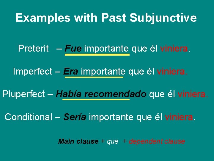 Examples with Past Subjunctive Preterit – Fue importante que él viniera. Imperfect – Era