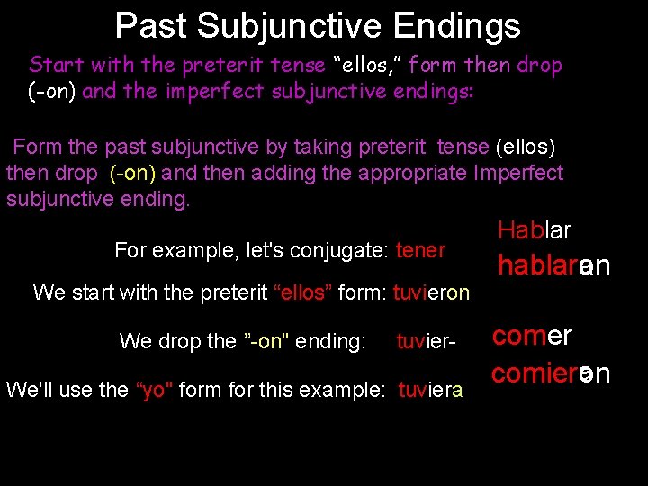 Past Subjunctive Endings Start with the preterit tense “ellos, ” form then drop (-on)