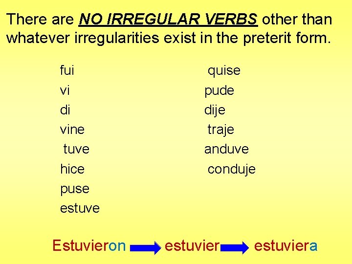 There are NO IRREGULAR VERBS other than whatever irregularities exist in the preterit form.